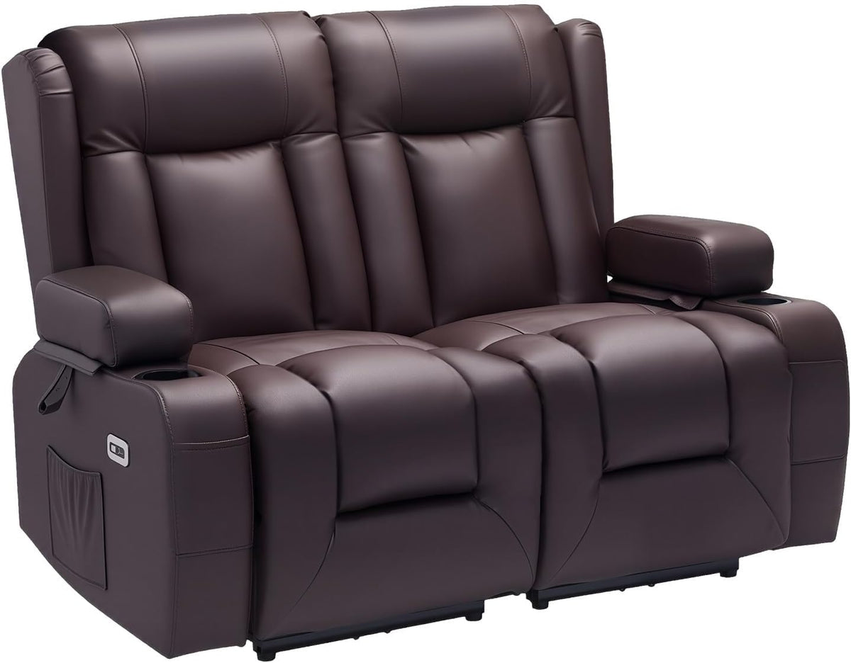 VEVOR Loveseat Recliner Sofa with Massage & Heat, Power Reclining Couch with Console, PU Leather Electric RV Sofa with USB & Outlet/Storage/Cup Holders/Pockets, Home Theater Seating for Living Room