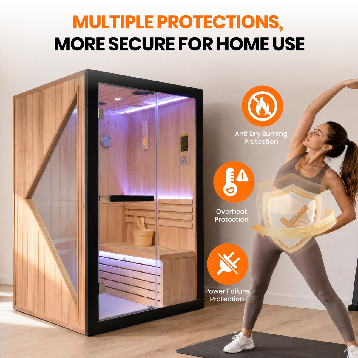 African Pine Indoor Sauna with Double Stove & LED Lighting - Natural Pine