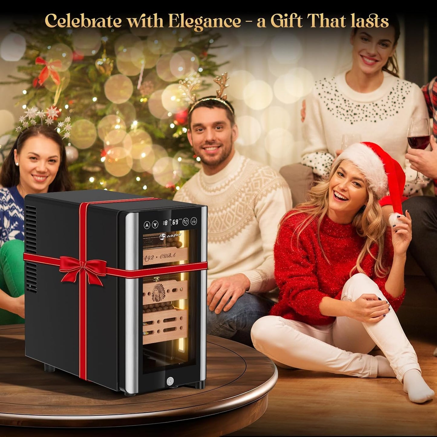 25L Electric Humidor Cabinet for 150 Cigars, Thermoelectric Cooling, Adjustable Temperature and Humidity, Digital Display, 3 Removable Cedar Shelves, Safety Lock, Gift for Men (25L)
