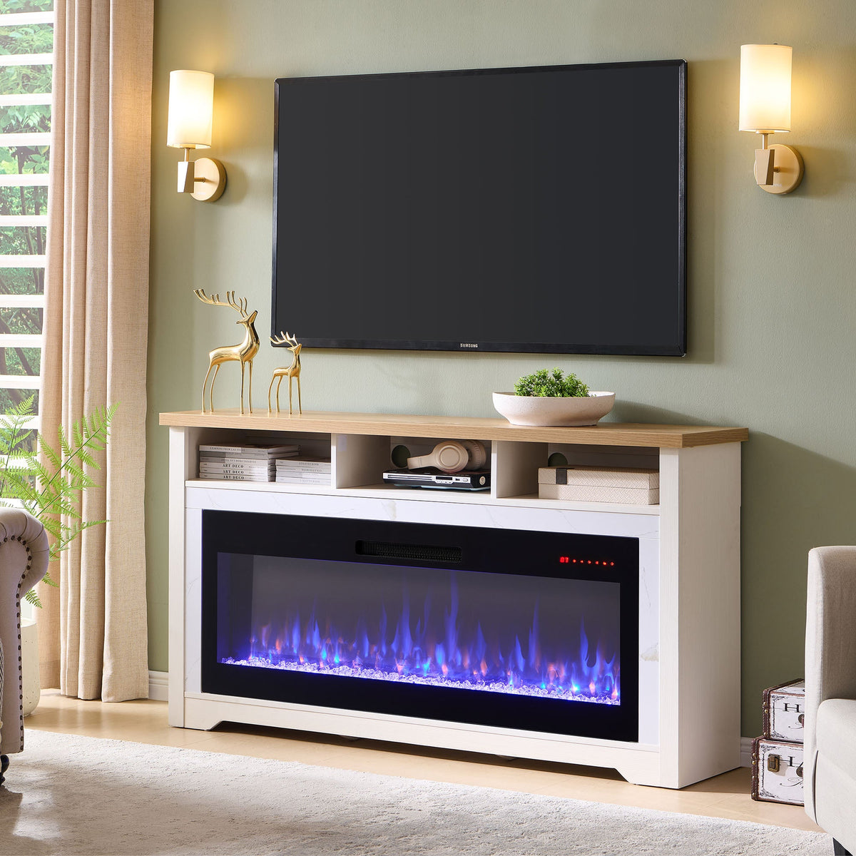 70 Inch Fireplace TV Stand with Smart Electric Fireplace - Tempered Glass & MDF
