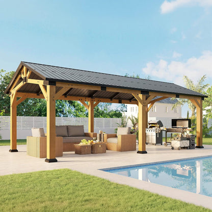 [12X24FT] Premium Galvanized Steel Roof Cedar Wood Hardtop Gazebo