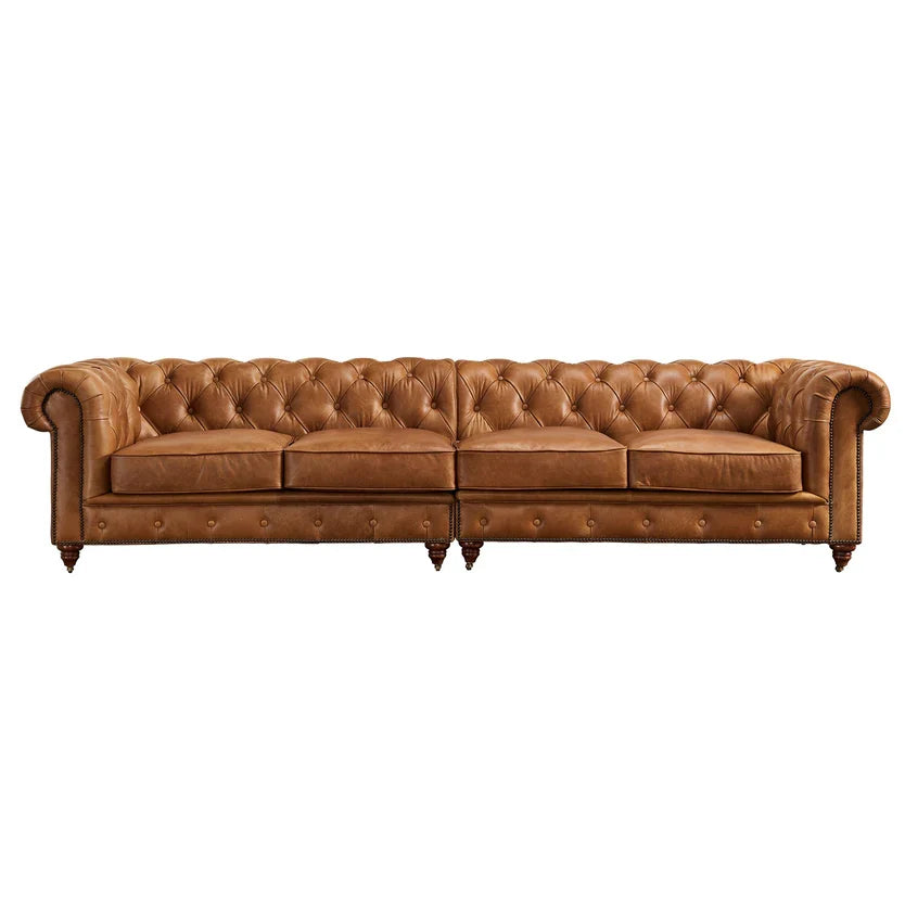 Century Chesterfield Sofa - Light Brown Leather - 118"