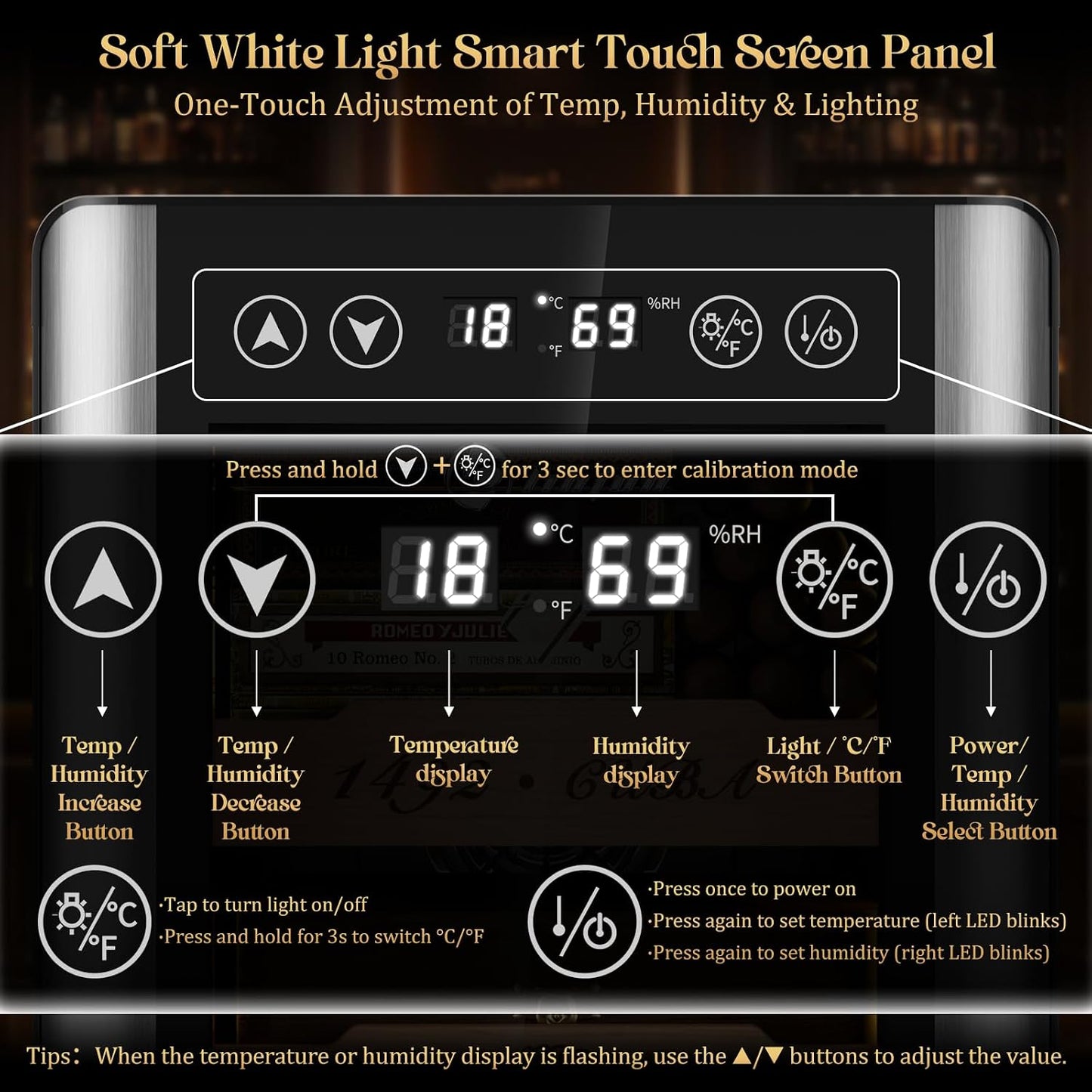 25L Electric Humidor Cabinet for 150 Cigars, Thermoelectric Cooling, Adjustable Temperature and Humidity, Digital Display, 3 Removable Cedar Shelves, Safety Lock, Gift for Men (25L)