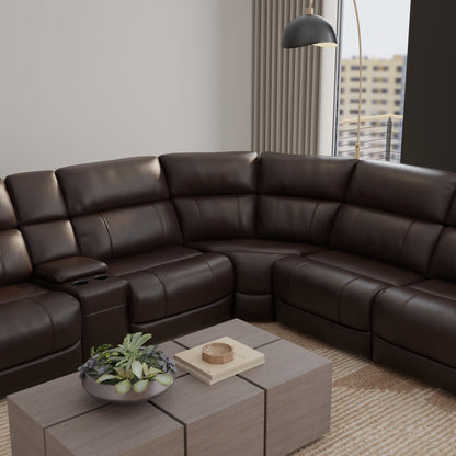 6-Piece Leather Power Sectional in Brazil Tobacco
