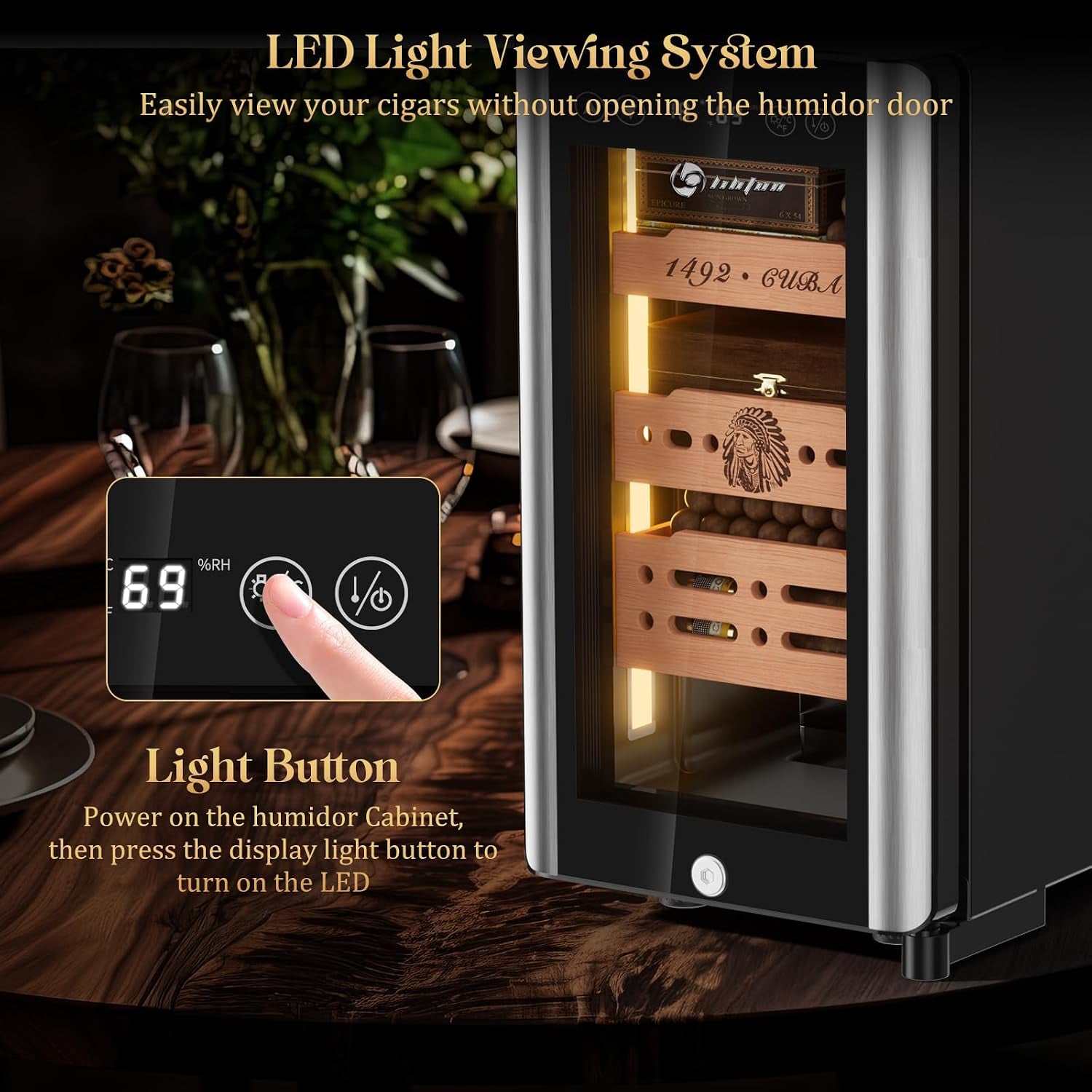 25L Electric Humidor Cabinet for 150 Cigars, Thermoelectric Cooling, Adjustable Temperature and Humidity, Digital Display, 3 Removable Cedar Shelves, Safety Lock, Gift for Men (25L)