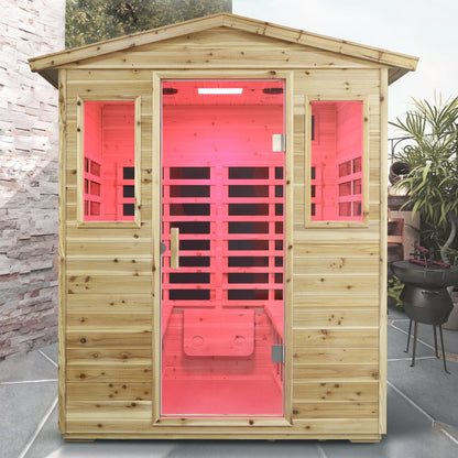 Four Person Far-Infrared Outdoor Sauna Room with Bluetooth and LED - Natural