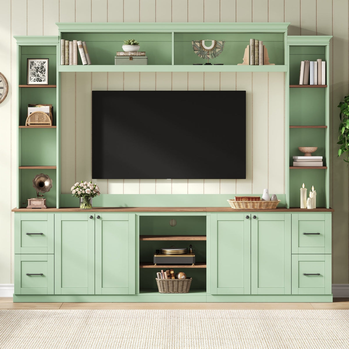 4-in-1 Entertainment Center Wall Unit with Bookshelf for TVs Up to 70" - Black, White, Green