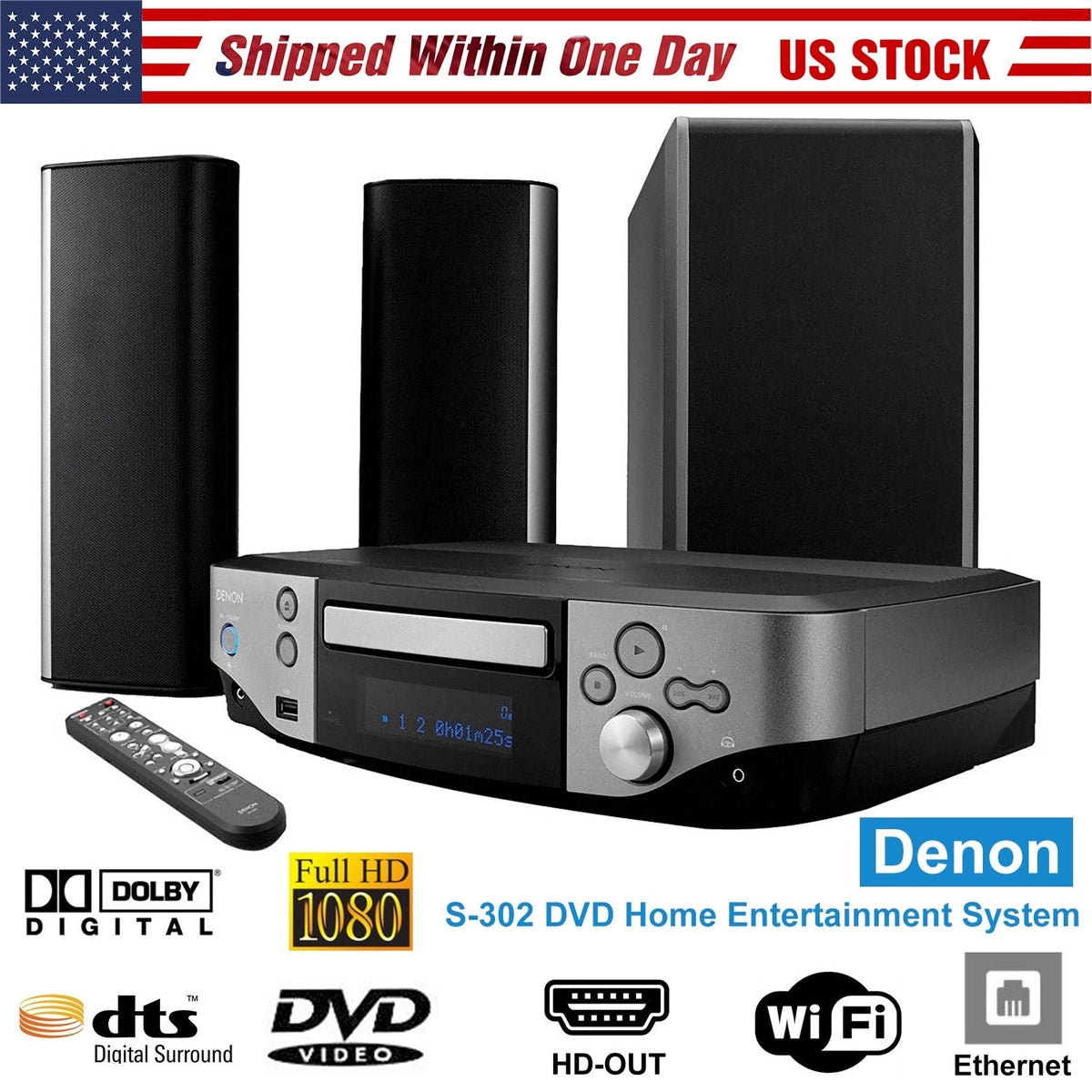 Denon S-302 DVD Home Entertainment System 2 Speaker Home Theater System WiFi 1080P