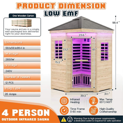 Monaco 4-Person Low EMF Spruce Wood Outdoor Infrared Sauna With Bluetooth Speakers And LED Lights