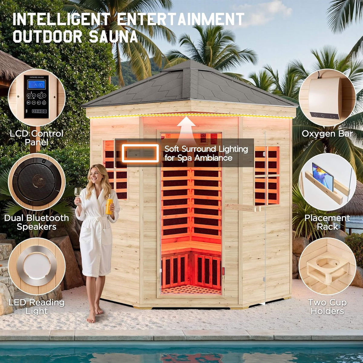Monaco 4-Person Low EMF Spruce Wood Outdoor Infrared Sauna With Bluetooth Speakers And LED Lights