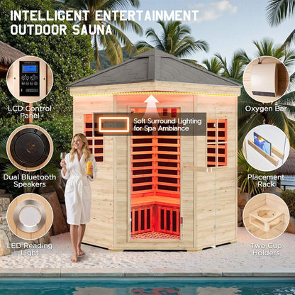 Monaco 4-Person Low EMF Spruce Wood Outdoor Infrared Sauna With Bluetooth Speakers And LED Lights