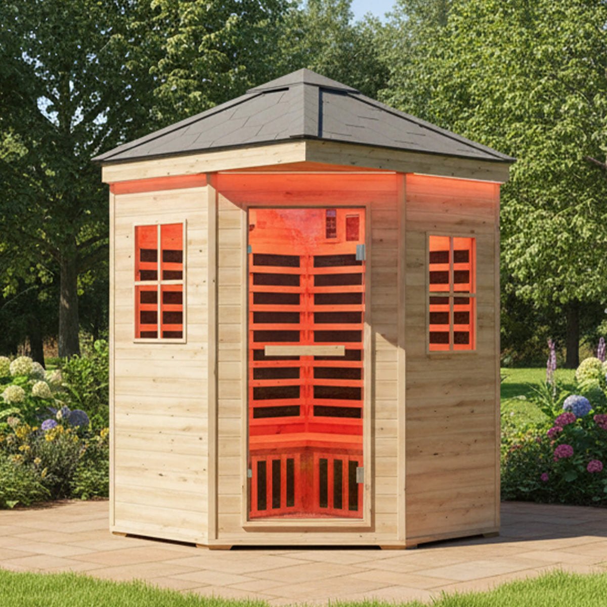Monaco 4-Person Low EMF Spruce Wood Outdoor Infrared Sauna With Bluetooth Speakers And LED Lights