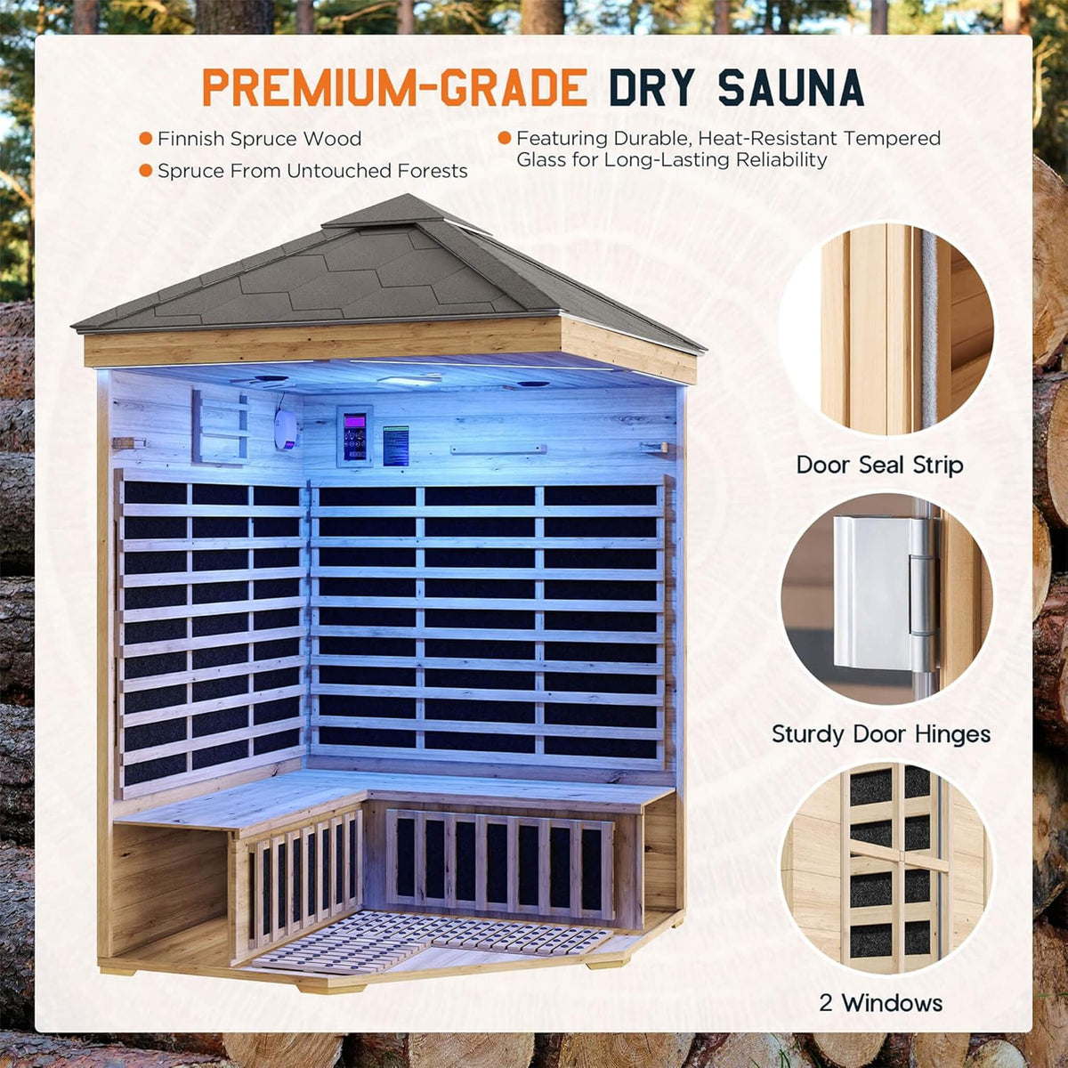 Monaco 4-Person Low EMF Spruce Wood Outdoor Infrared Sauna With Bluetooth Speakers And LED Lights