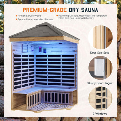 Monaco 4-Person Low EMF Spruce Wood Outdoor Infrared Sauna With Bluetooth Speakers And LED Lights