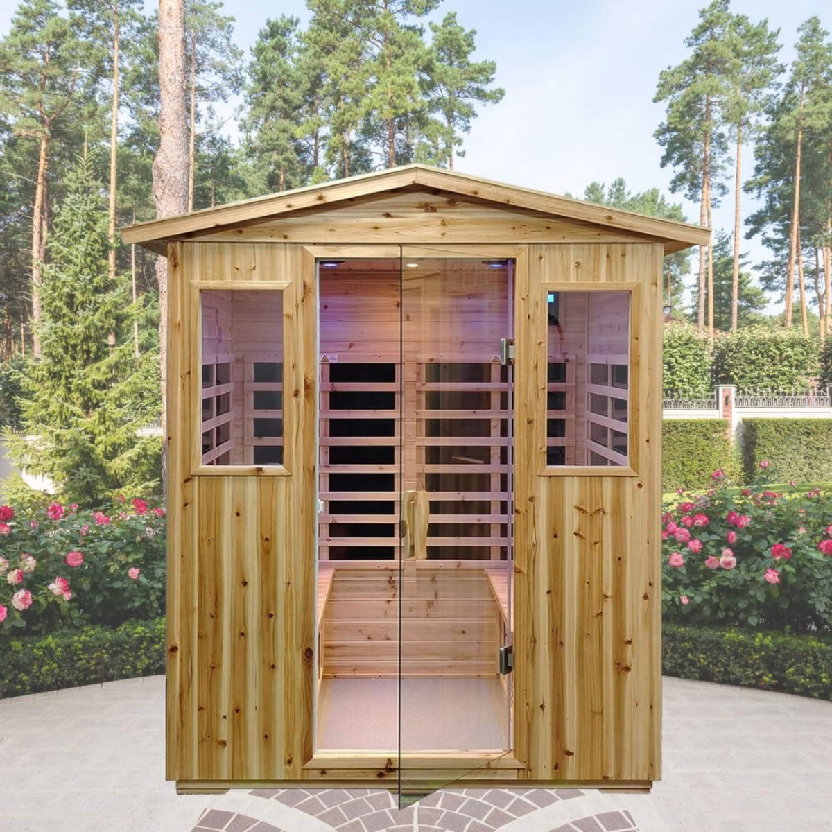 Deluxe 4-Person Outdoor Infrared Hemlock Sauna With Bluetooth Speakers & LED Lighting