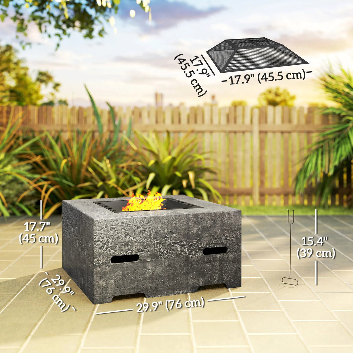 Stone-Texture Wood Burning Fire Pit with Mesh Lid & Poker — Charcoal Grey