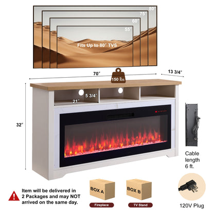 70 Inch Fireplace TV Stand with Smart Electric Fireplace - Tempered Glass & MDF