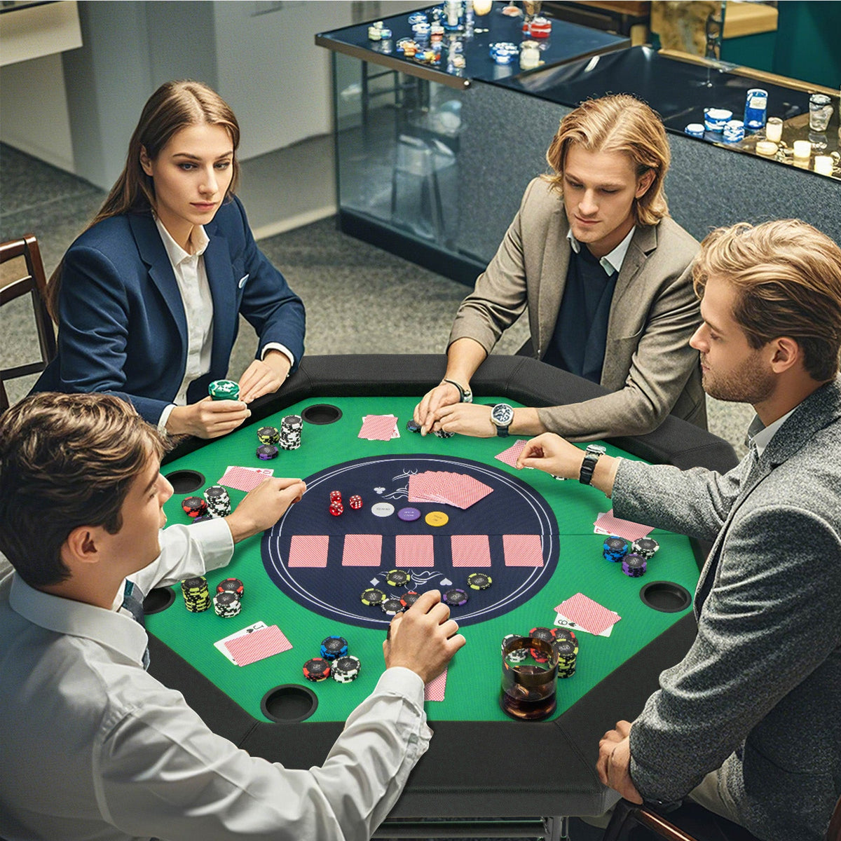 48 Inches Foldable Poker Table with Padded Rails and Cup Holders-Green