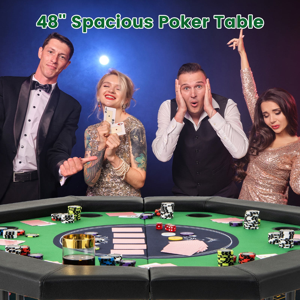 48 Inches Foldable Poker Table with Padded Rails and Cup Holders-Green