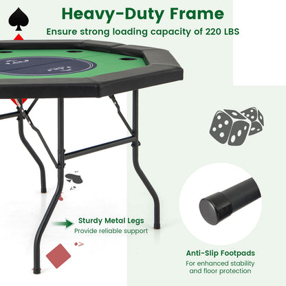 48 Inches Foldable Poker Table with Padded Rails and Cup Holders-Green