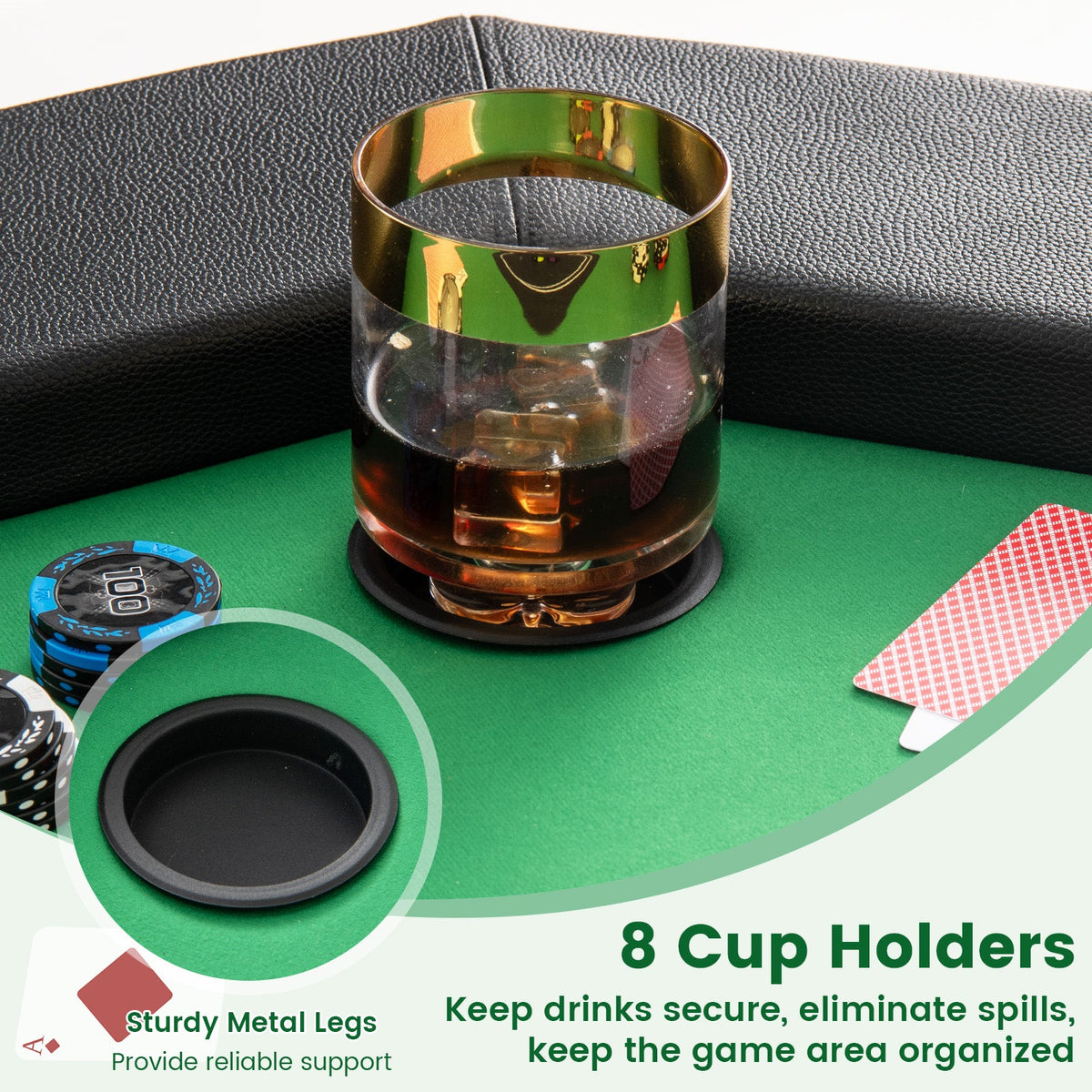 48 Inches Foldable Poker Table with Padded Rails and Cup Holders-Green