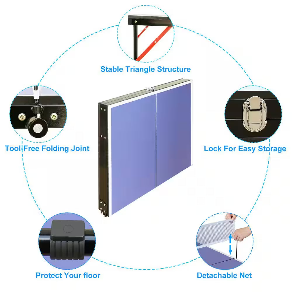53.94 In. Table Tennis Table Midsize Foldable & Portable Ping Pong Table Set with Net and 2 Ping Pong Paddles in Blue