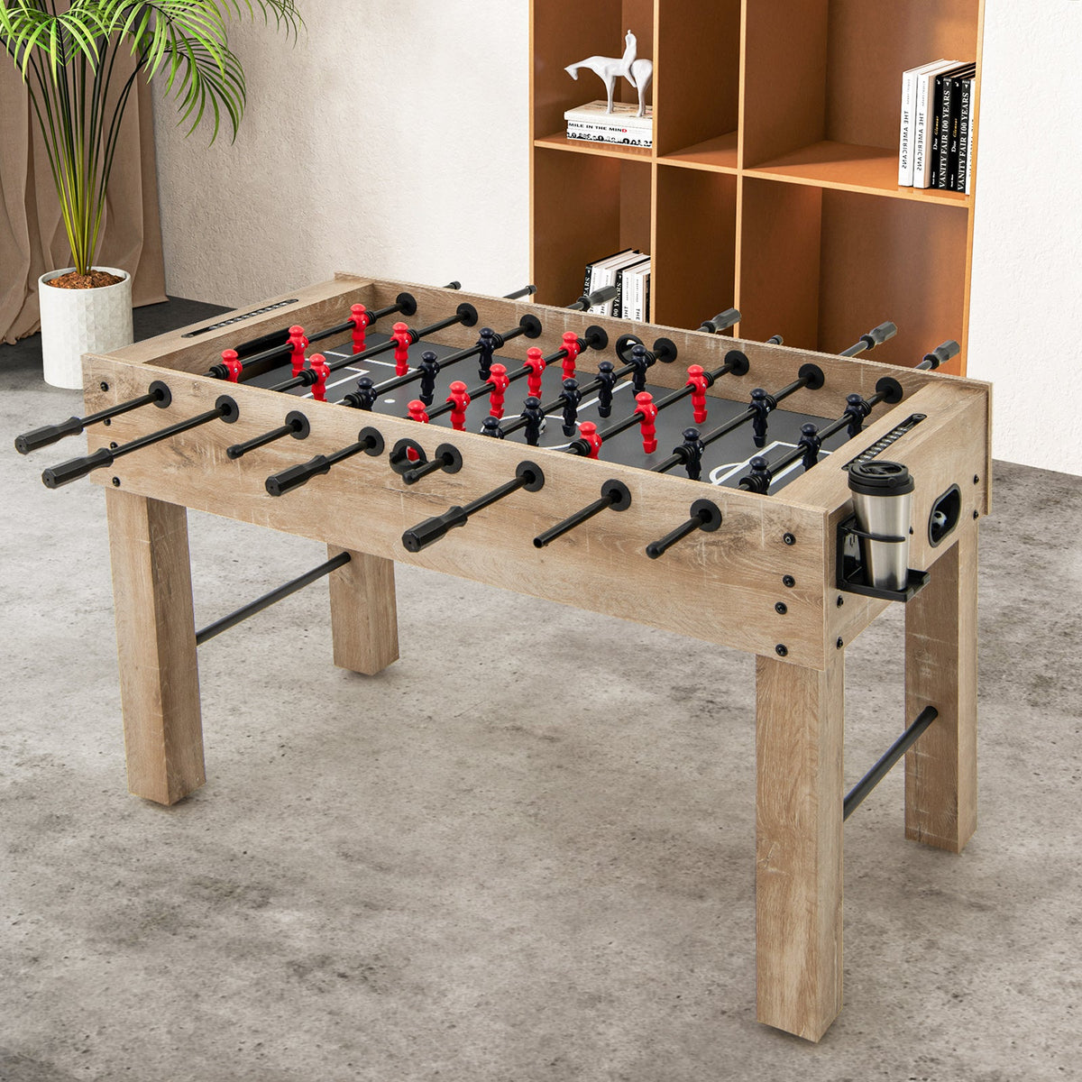 54 Inches Full Size Foosball Table with Legs 2 Balls and 2 Foldable Cup Holders for Kids Teens Adults-Natural