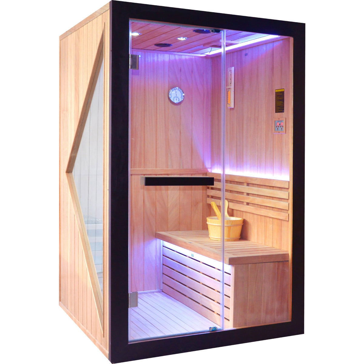 African Pine Indoor Sauna with Double Stove & LED Lighting - Natural Pine