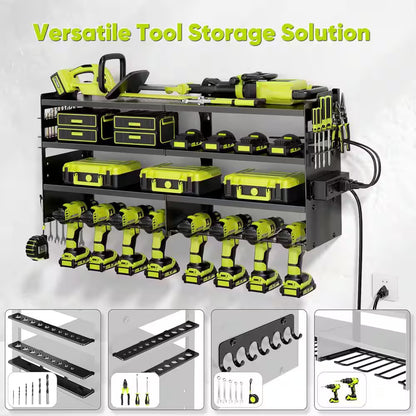 33 In. Black Power Tool Organizer Wall Rack with 4-Tiers, 8-Drill Slots, 4-Outlet Strip, Hook Rack and Storage Shelves
