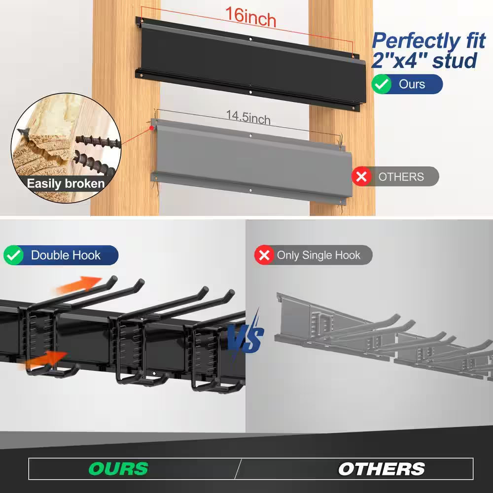 34 In. Garage Tool Storage Steel Rack, 300 Lbs. Load Capacity Wall Mounted Storage Organizer System with 6 Hooks
