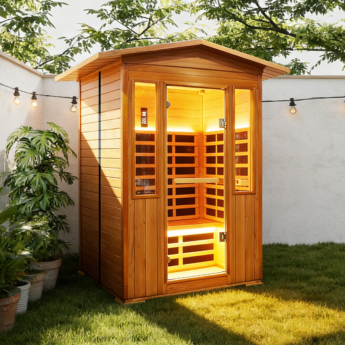 Outdoor Red Cedar Infrared Sauna Room with Bluetooth & Ambient Lighting - Natural