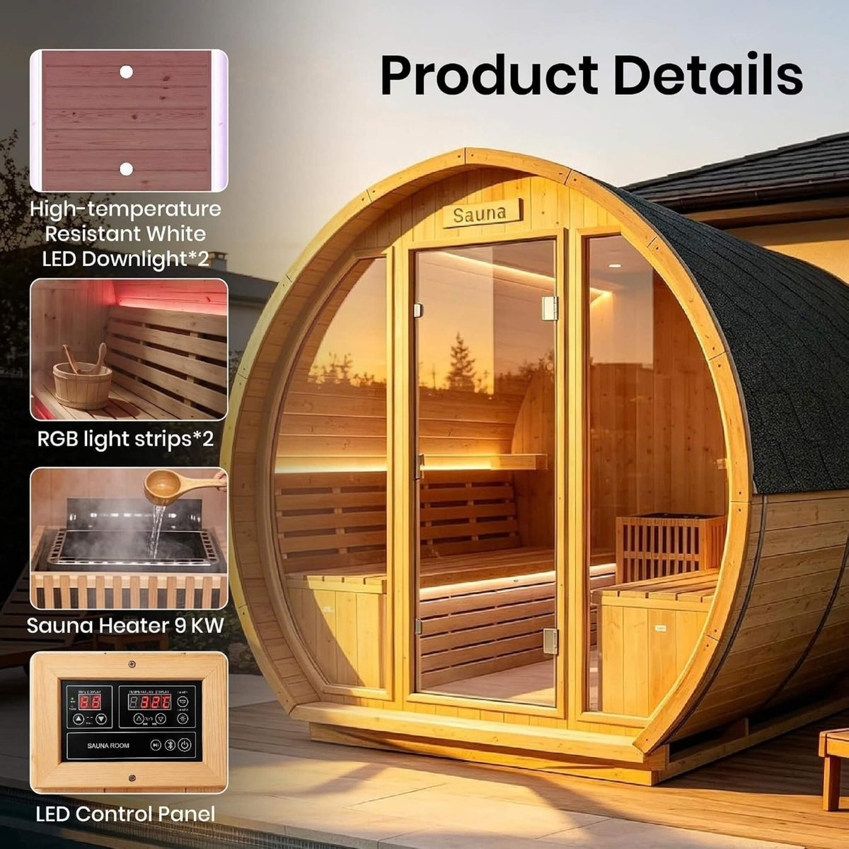 Varenna 6-Person Outdoor Traditional Carbonized Spruce Barrel Sauna
