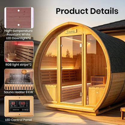 Varenna 6-Person Outdoor Traditional Carbonized Spruce Barrel Sauna