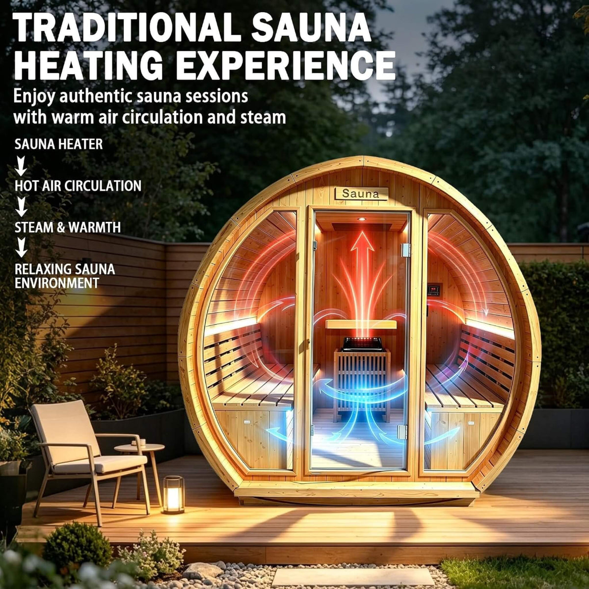 Varenna 6-Person Outdoor Traditional Carbonized Spruce Barrel Sauna