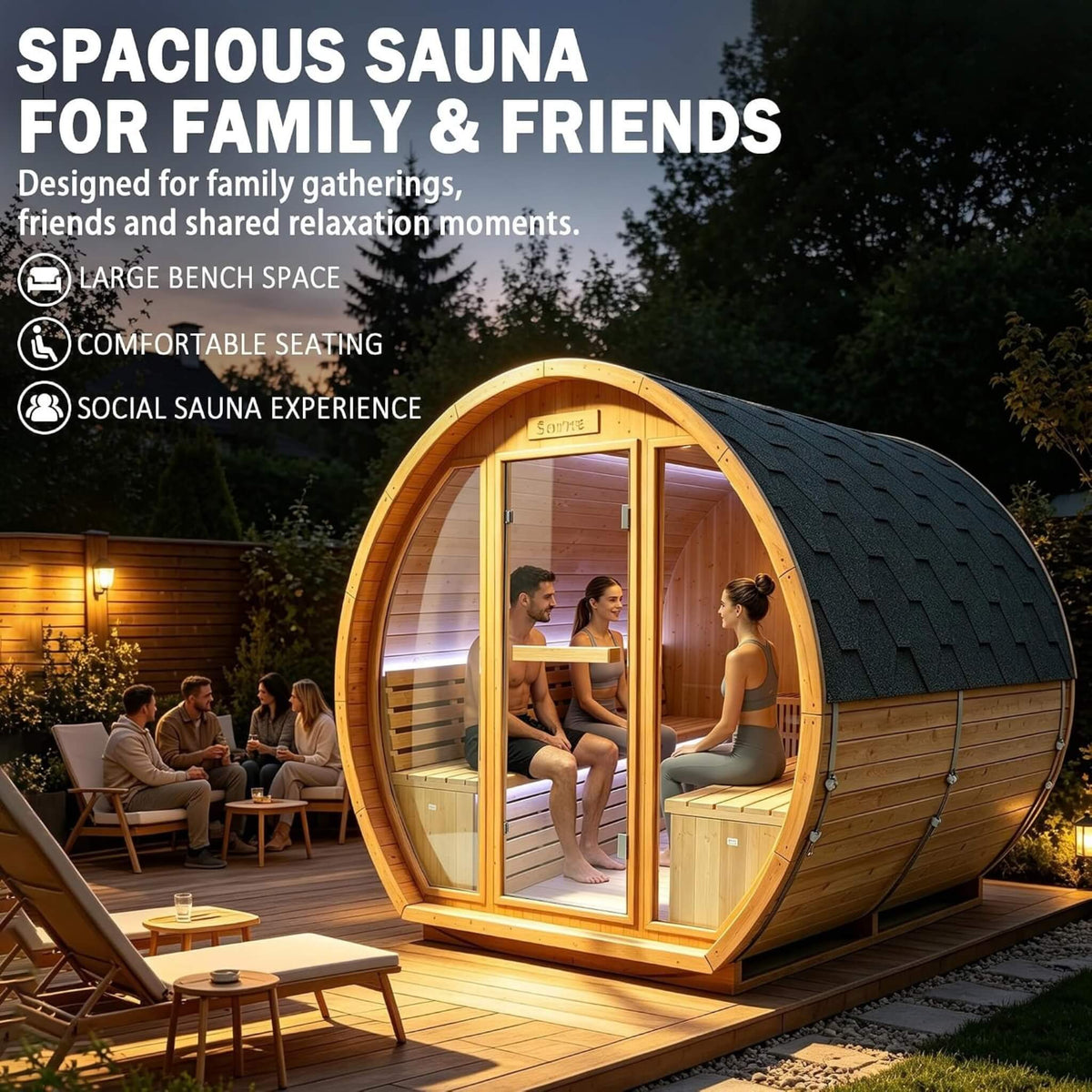 Varenna 6-Person Outdoor Traditional Carbonized Spruce Barrel Sauna