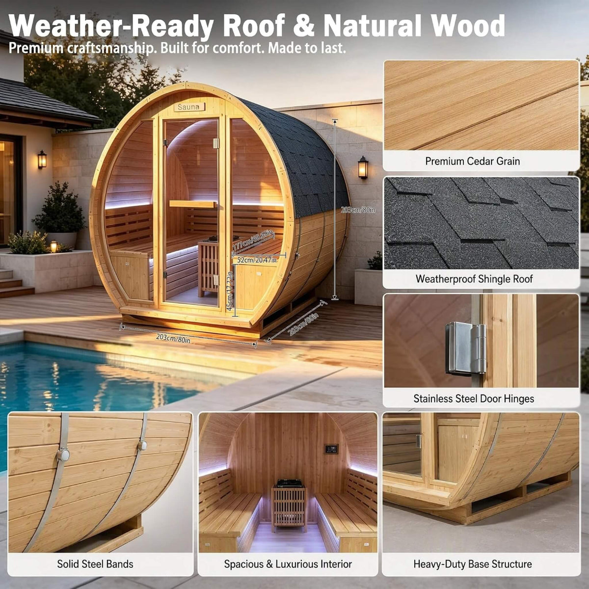 Varenna 6-Person Outdoor Traditional Carbonized Spruce Barrel Sauna