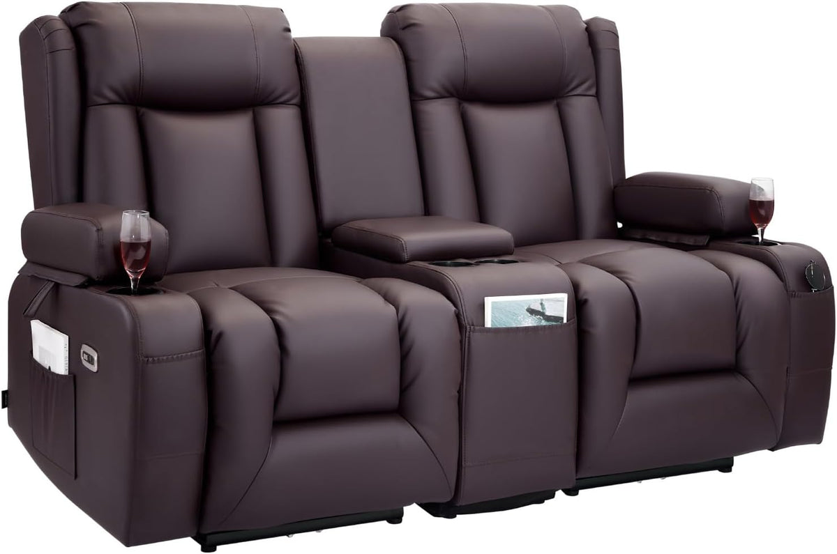VEVOR Loveseat Recliner Sofa with Massage & Heat, Power Reclining Couch with Console, PU Leather Electric RV Sofa with USB & Outlet/Storage/Cup Holders/Pockets, Home Theater Seating for Living Room