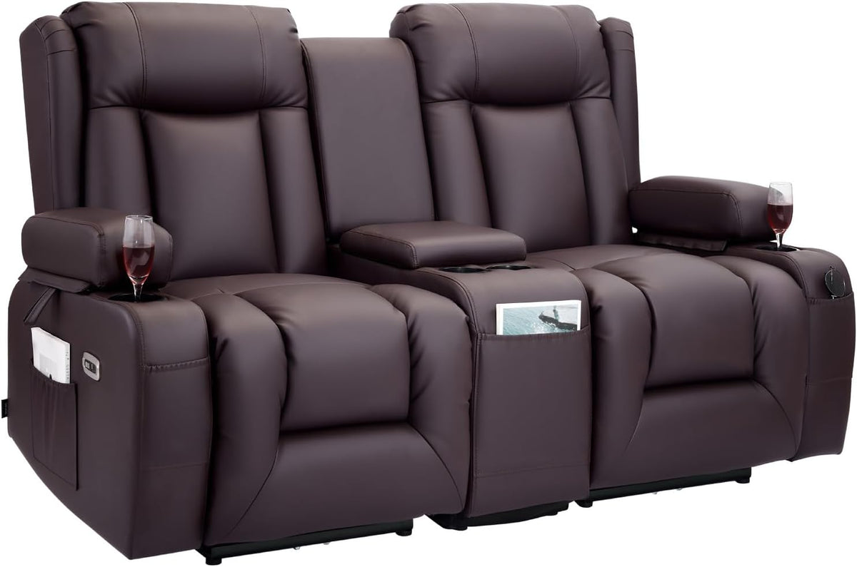 VEVOR Loveseat Recliner Sofa with Massage & Heat, Power Reclining Couch with Console, PU Leather Electric RV Sofa with USB & Outlet/Storage/Cup Holders/Pockets, Home Theater Seating for Living Room