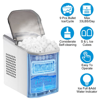 Electric Countertop Ice Maker with Ice Scoop Basket Self-cleaning Max 33LBS/24Hrs Ice Making Machine Bullet Ice Machine for Home Kitchen Office Party