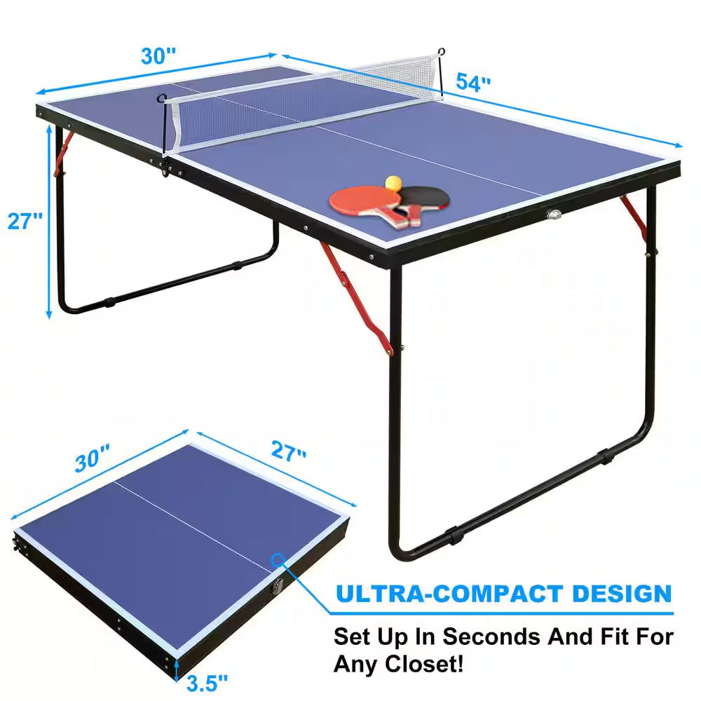 53.94 In. Table Tennis Table Midsize Foldable & Portable Ping Pong Table Set with Net and 2 Ping Pong Paddles in Blue