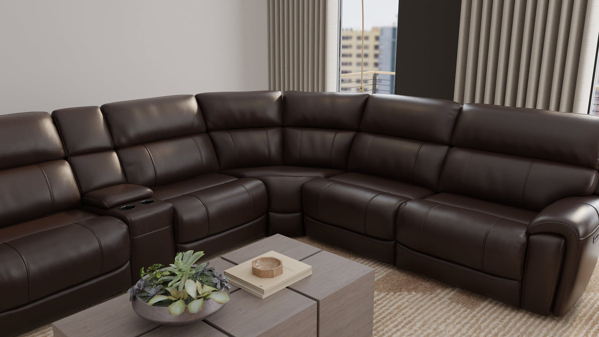 6-Piece Leather Power Sectional in Brazil Tobacco