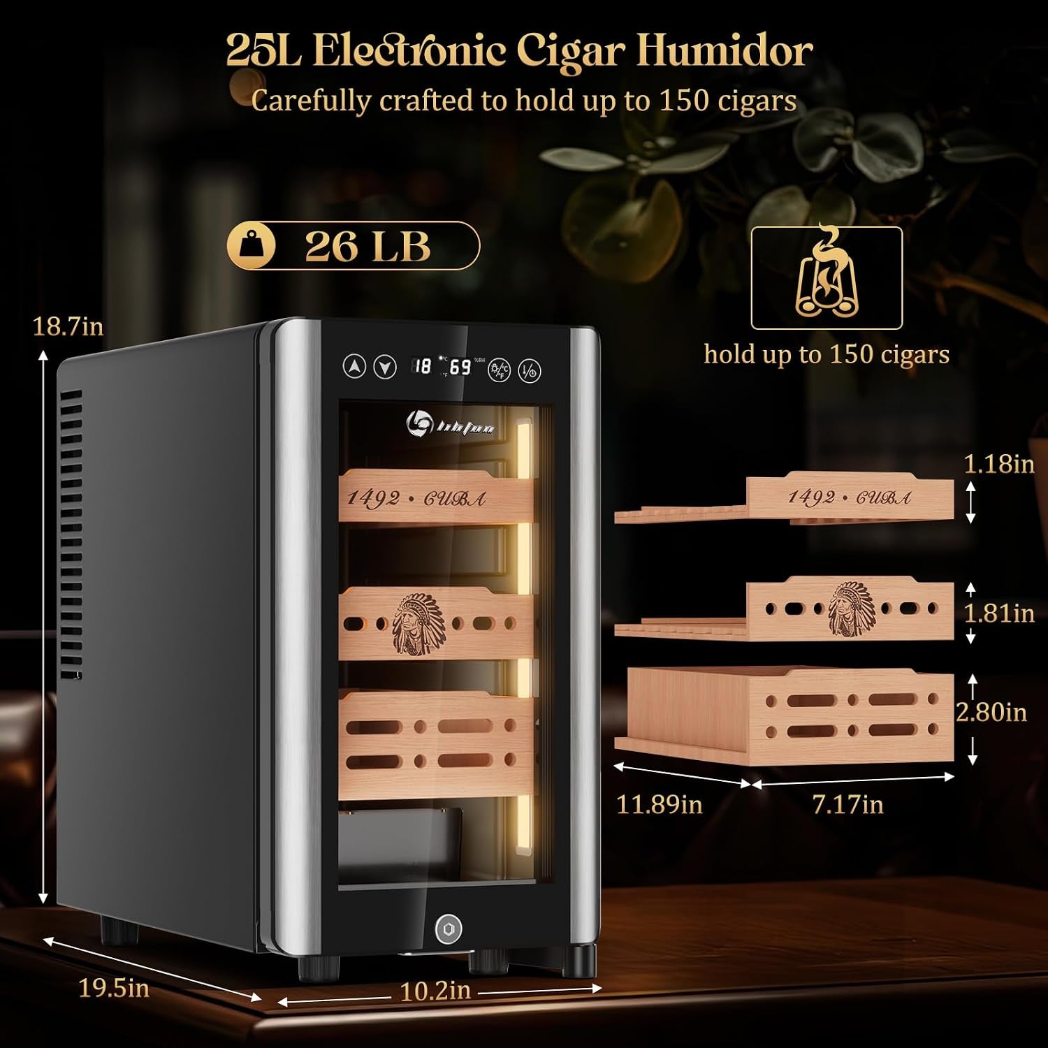 25L Electric Humidor Cabinet for 150 Cigars, Thermoelectric Cooling, Adjustable Temperature and Humidity, Digital Display, 3 Removable Cedar Shelves, Safety Lock, Gift for Men (25L)