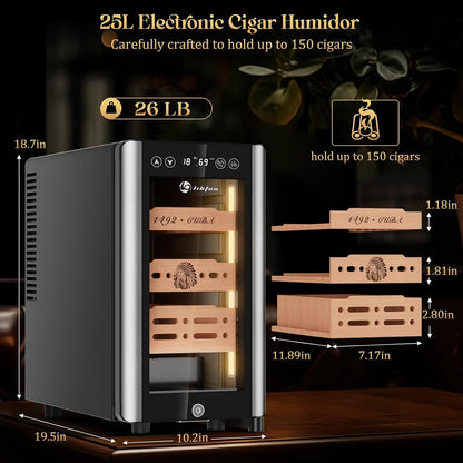 25L Electric Humidor Cabinet for 150 Cigars, Thermoelectric Cooling, Adjustable Temperature and Humidity, Digital Display, 3 Removable Cedar Shelves, Safety Lock, Gift for Men (25L)