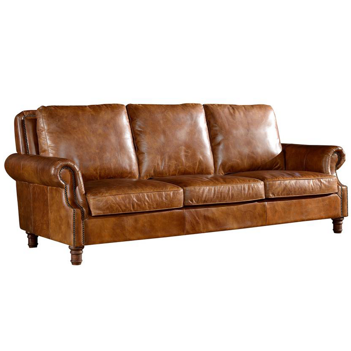 English Rolled Arm Sofa - Light Brown Leather