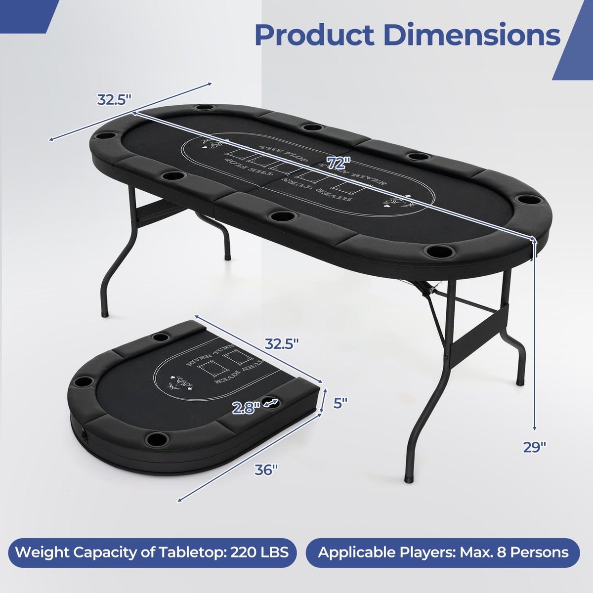 72 Inch Foldable Poker Table for 8 Players Portable Oval Card Board Game Table-Black