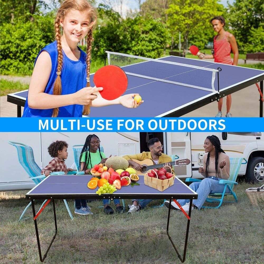 53.94 In. Table Tennis Table Midsize Foldable & Portable Ping Pong Table Set with Net and 2 Ping Pong Paddles in Blue