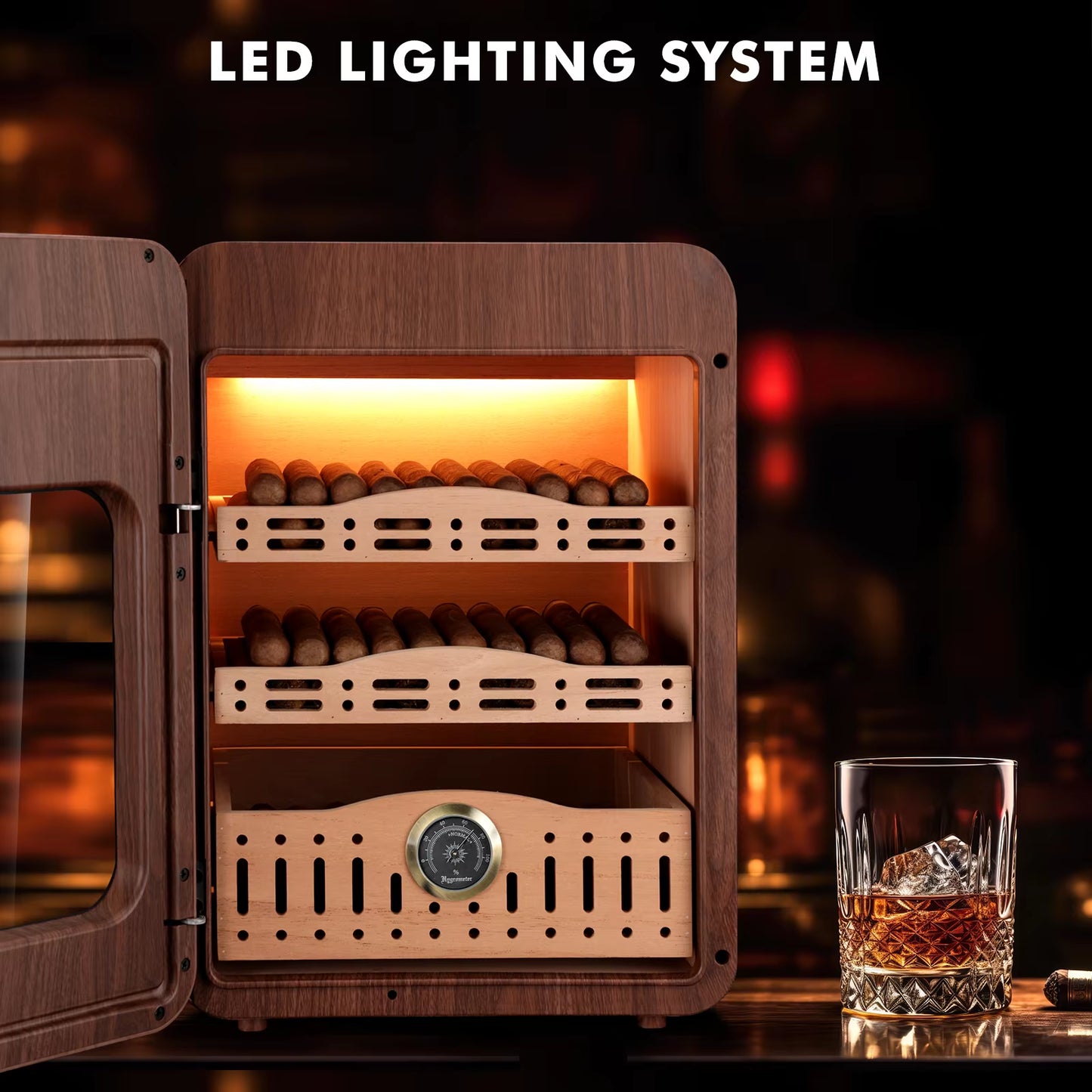 Cigar Humidor,Cigar Humidor Cabinet up to 150 Cigars,Led Lighting Desktop Humidor with Spanish Cedar Wood Shelves, Hygrome