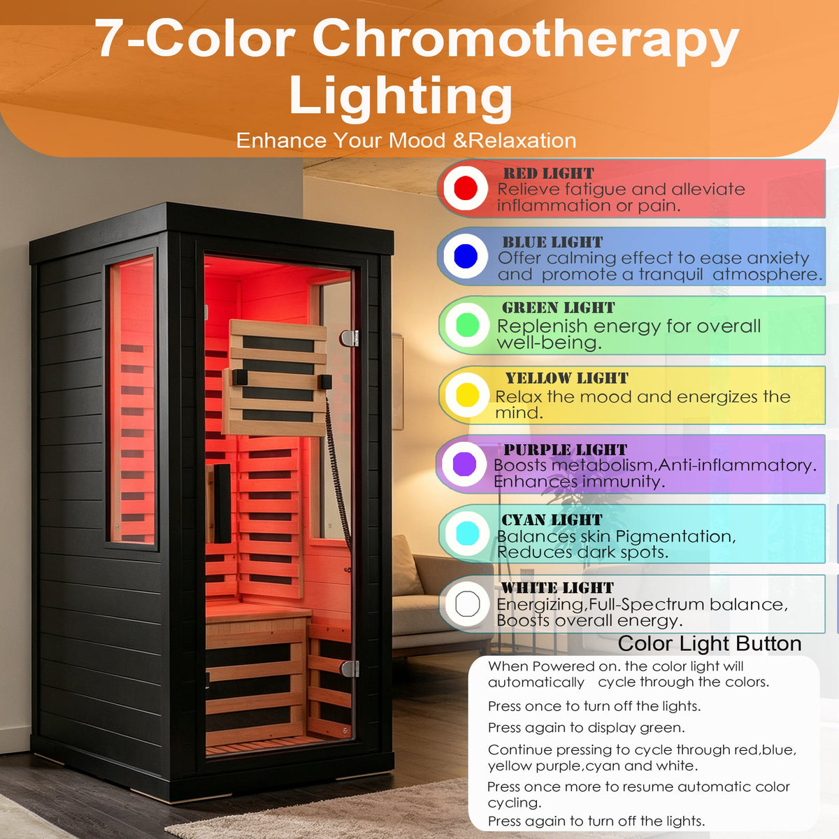 One-Two Person Far Infrared Sauna with 7-Color Therapy Lighting - Solid Wood