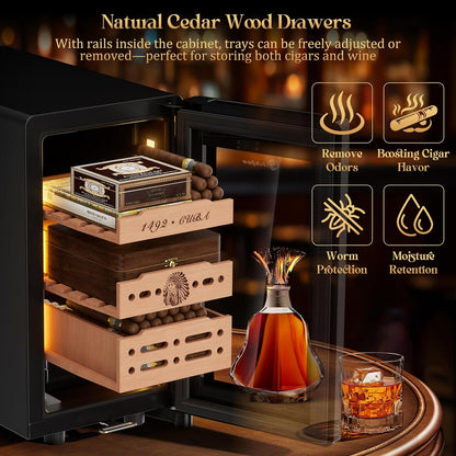 25L Electric Humidor Cabinet for 150 Cigars, Thermoelectric Cooling, Adjustable Temperature and Humidity, Digital Display, 3 Removable Cedar Shelves, Safety Lock, Gift for Men (25L)