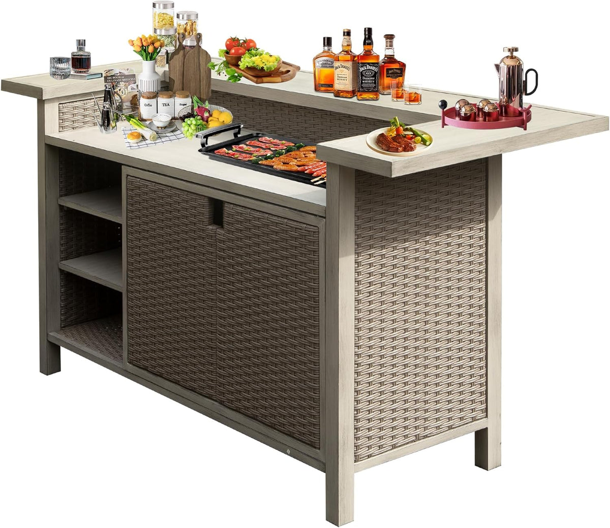 Patio Bar Table with Cabinet - Outdoor Aluminum & PE Wicker